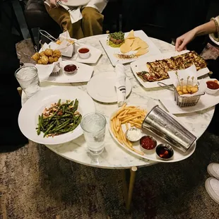 Salt and vinegar fries, Szechuan Green Beans, tuna poke, Brie Cheese Curds, Sconnie Staple Cheese Curds, Thai Chicken Flatbread