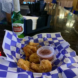 Fried shrimp and Stella.