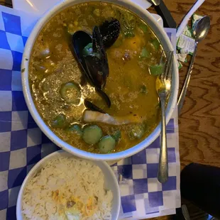 The gumbo!! It contains, Okra, mussels, shrimp, fish and added bowl of rice and the broth is amazing!! Easily feeds 3!!