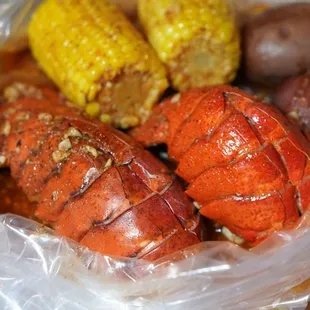 lobster, corn, potatoes and potatoes