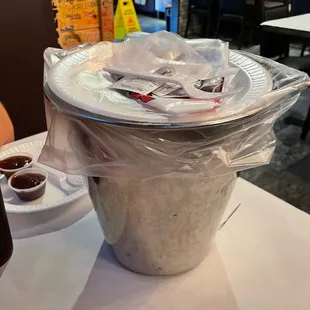 Boil bin for trash, gloves, wet naps, paper plates, utensils