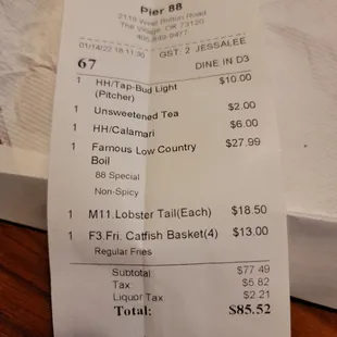 The bill came to just over $85...for that it should have been fantastic