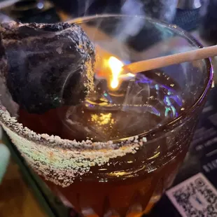 Big foot $20! woodford reserve bourbon, marshmallow simple syrup, laphroaig, graham cracker crumb, toasted marshmallow