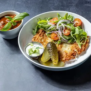 Potato pancake with beef goulash