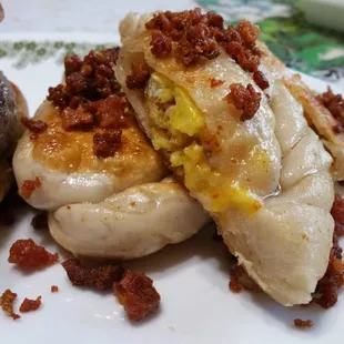 Breakfast pierogi's, very good with a nice amount of filling.