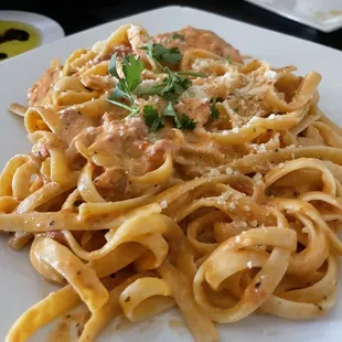 Salmon in lobster sauce with pasta.