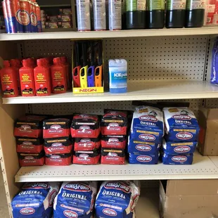 a shelf full of cleaning products