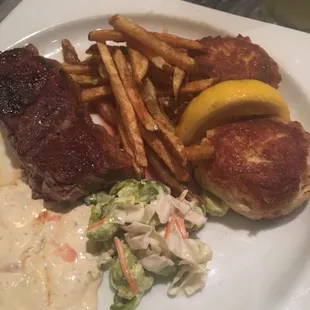 Crab cakes, Steak, Coleslaw, and Fries