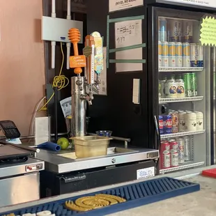 a counter with food and drinks