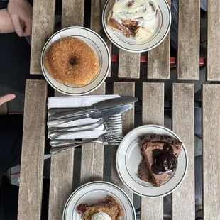 Toffee Butter Pecan Donut, Cinnamon Roll, Chocolate Chiffon Pie, Sour Cherry &amp; Pear Crumble Pie