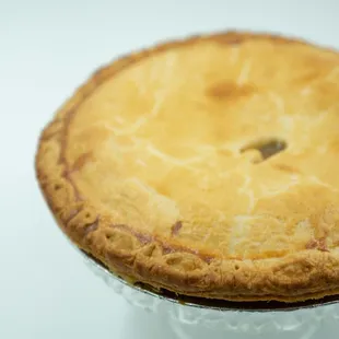 a pie in a glass bowl