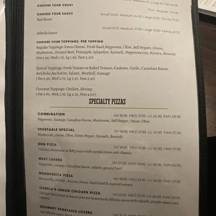 Pizza menu