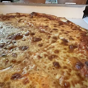 a cheese pizza in a box