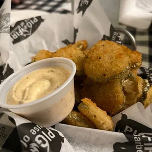 Fried Pickle Chips were crisp and tangy, sauce on the side was great complement