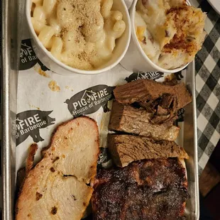 Mixed platter with ribs, turkey, and brisket. Mac and cheese and smashed potatoes as sides