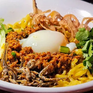 Chili Pan Mee - spicy pork ragu, ramen, anchovies, poached egg. Tasty!