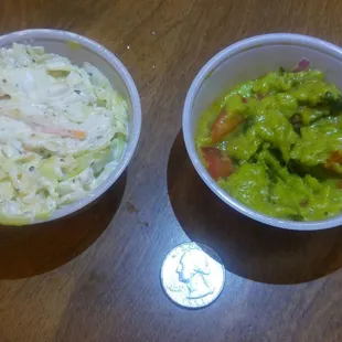 Hard to show, but the coleslaw was grey and smelled horrible; we tried it and it tasted old. And that guac was $2 EXTRA on a dish with sides