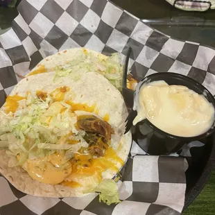 Bucket taco. Pulled pork taco. Mac n cheese.