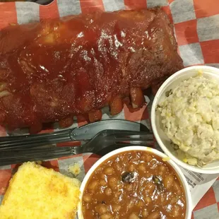 Ribs and baked beans.