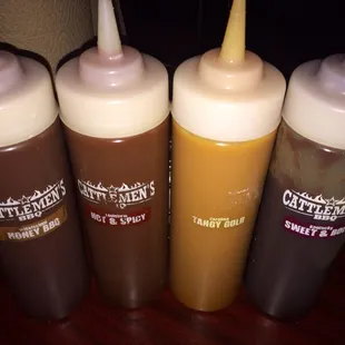 a row of condiments