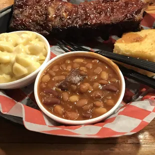 1/2 rack ribs, Mac n cheese, baked beans.