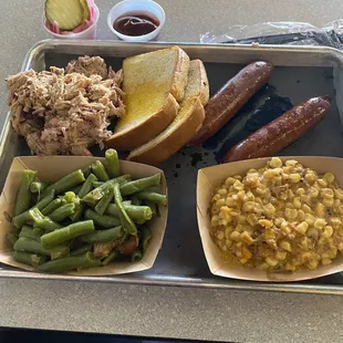 2 meat plate: pulled pork and hot links with corn casserole and green beans (pickles, pickled onions and bbq sauce)
