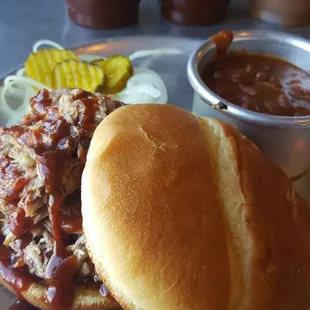 Bbq pulled pork sandwich, and baked beans