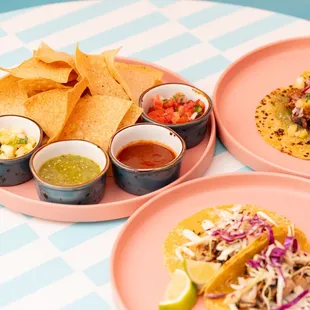 Chips &amp; Salsa - Salsa Flight paired with Jerk Chicken Tacos and Al Pastor Tacos