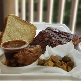 Ribs, fried okra, mac &amp; cheese and 1 chicken wing portion