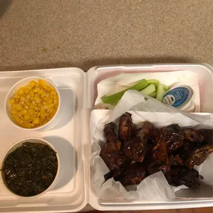 Wings with Corn off the Cobb and Collard Greens