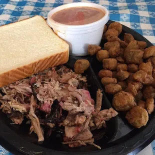 Pulled pork platter with fried okra and Brunswick stew