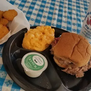 Fried pickles basket, chopped bbq sammich, mac and cheese = $14.