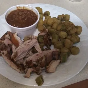 BBQ chicken plate. okra, sliced chicken and baked beans