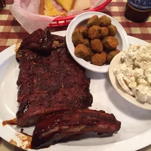 "Muddy" half slab, fried okra, &amp; "baked potato" salad.