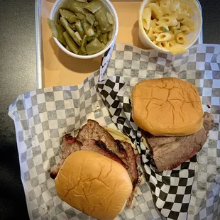 Brisket sandwiches, green beans, and mac