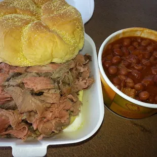 Pit Beef Sandwich with BBQ Beans.  Both tasteless.