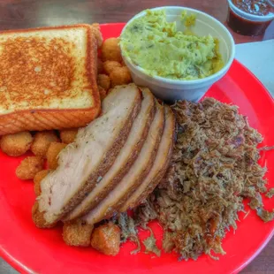 Linebacker Dinner plate with chopped brisket and smoked turkey.