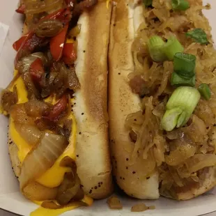 The Wiz (left), an OG topped with nacho cheese, and The Tipsy Brat, bacon-wrapped, beer-braised brat with bacon-infused sauerkraut!