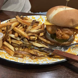 Fish burger w/ fries.