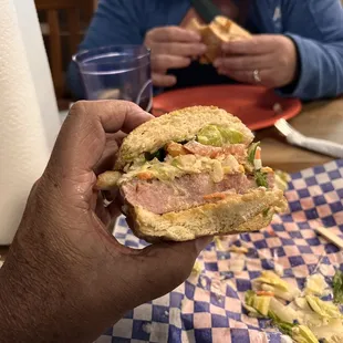 A side view of my SPAM Po'Boy with bites taken out for good measure