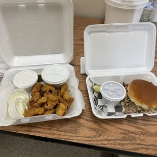 Catfish bites and pork sandwich.