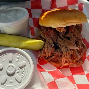 Pulled pork with BBQ sauce and coleslaw.