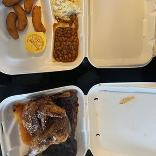 Half chicken, half rib dinner with beans, slaw and hush puppies.