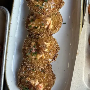 Fried Green Tomatoes with Pimento Cheese and Bacon Jam