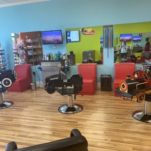 Children theme cars:  Jalopy, Jeep, and train!