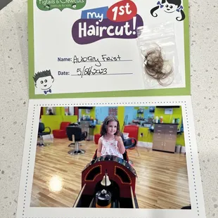 This is what comes with the My 1st Haircut package + a small toy for your child to choose from the treasure chest.