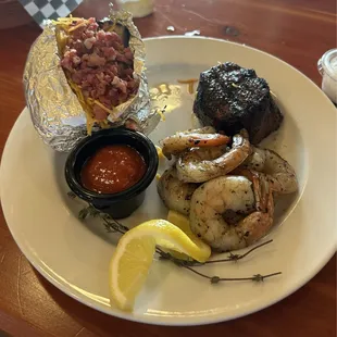 Petite filet, grilled shrimp and loaded baked potato....FANTASTIC!
