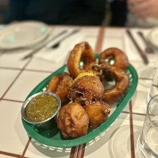 Dosa Onion Rings (Unad Lentil Batter, Mango Chutney)
