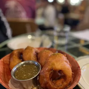 Onion rings in dosa batter