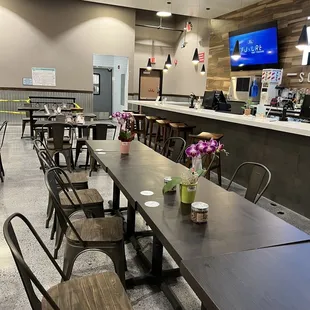 tables and chairs in a restaurant